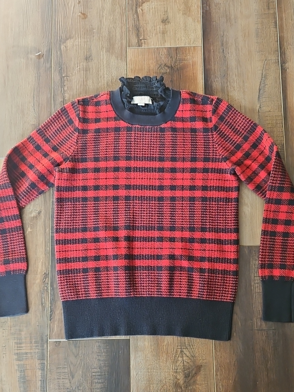 LOFT Red and Black Plaid Crewneck Sweater